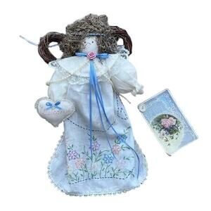 Vintage Hand Embroidered Linen Angel Hanging Decor with 1909 Postcard